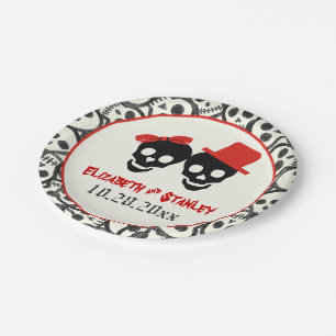 Assiettes En Carton Crânes amusants Halloween rouge et noir mariage