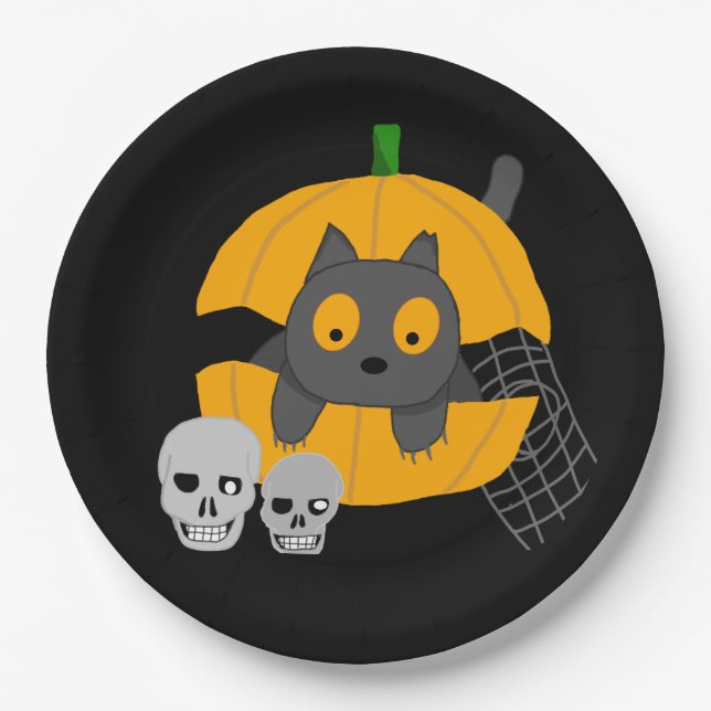 Assiettes En Carton Crânes Citrouilles de chat noir Enfants Halloween (Devant)