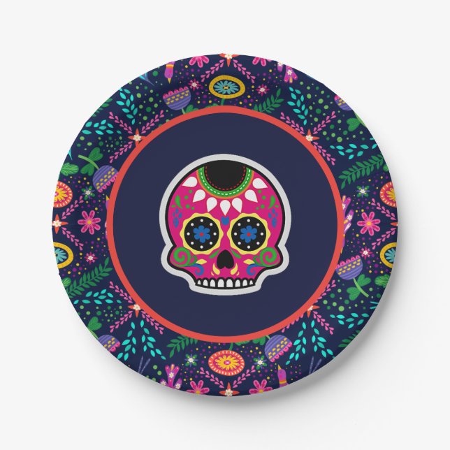 Assiettes En Carton Crânes et fleurs de sucre Dias de los Muertos (Devant)