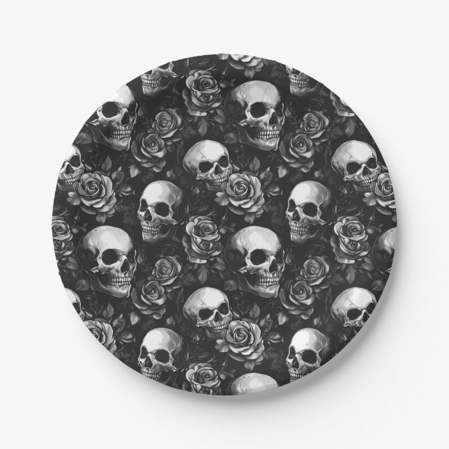 Assiettes En Carton Crânes Et Halloween Noir Rose (Devant)
