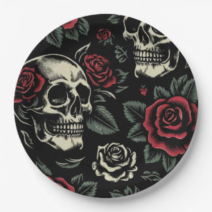 Assiettes En Carton Crânes et roses rouges florale gothique