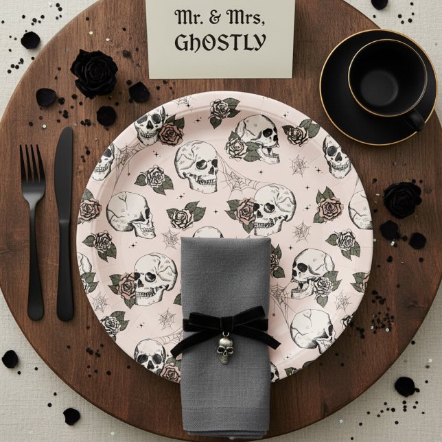 Assiettes En Carton Crânes gothiques roses et Halloween Rose (Elegant Floral Skulls Halloween Bridal Shower Paper Plates in Blush Pink. Skull, Roses, Webs Pattern)