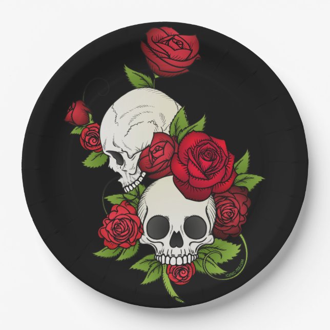 Assiettes En Carton Crânes Roses Día de Muertos (Devant)