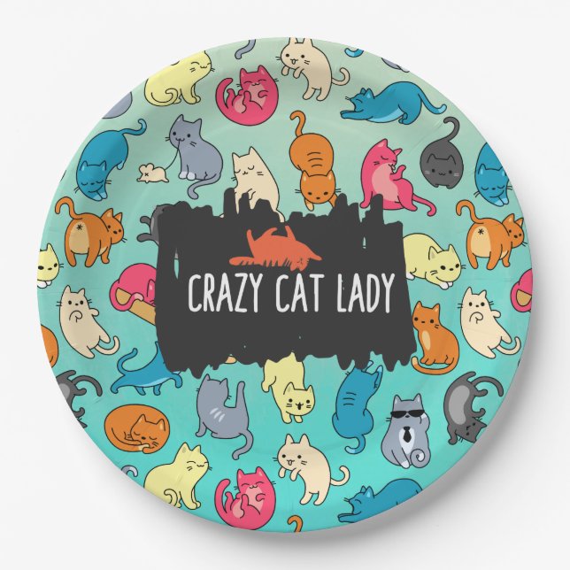 Assiettes En Carton Crazy Cat Lady Cute et Playay Cat Motif (Devant)