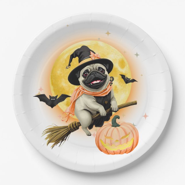 Assiettes En Carton Crazy Happy Halloween Carlin chevauchant une chamb (Devant)