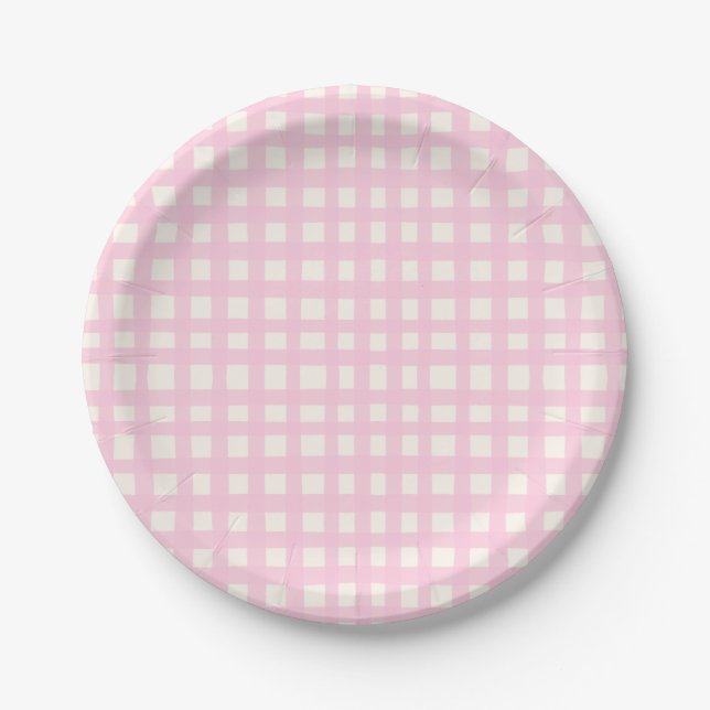 Assiettes En Carton Cream and Pink Textured Imperfect Gingham Pattern (Devant)
