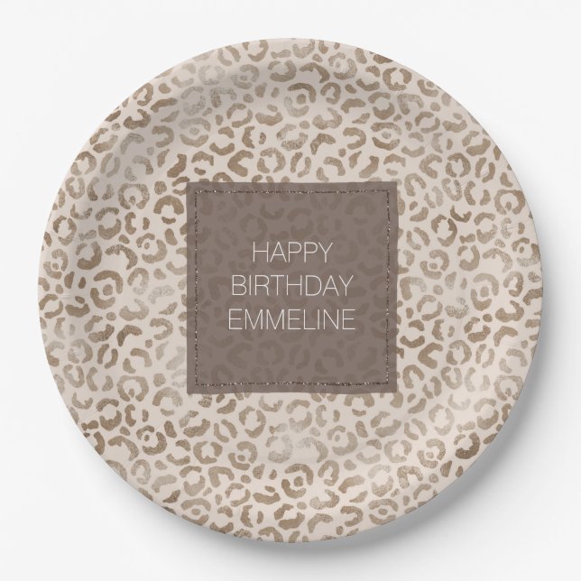 Assiettes En Carton Crème Brown Empreinte de léopard Anniversaire   (Devant)