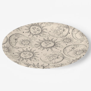 Assiettes En Carton Crème d'Ivoire Magie Vintage Soleil Céleste Lune É