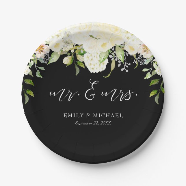 Assiettes En Carton Crème d'ivoire romantique Floral Mariage noir (Devant)