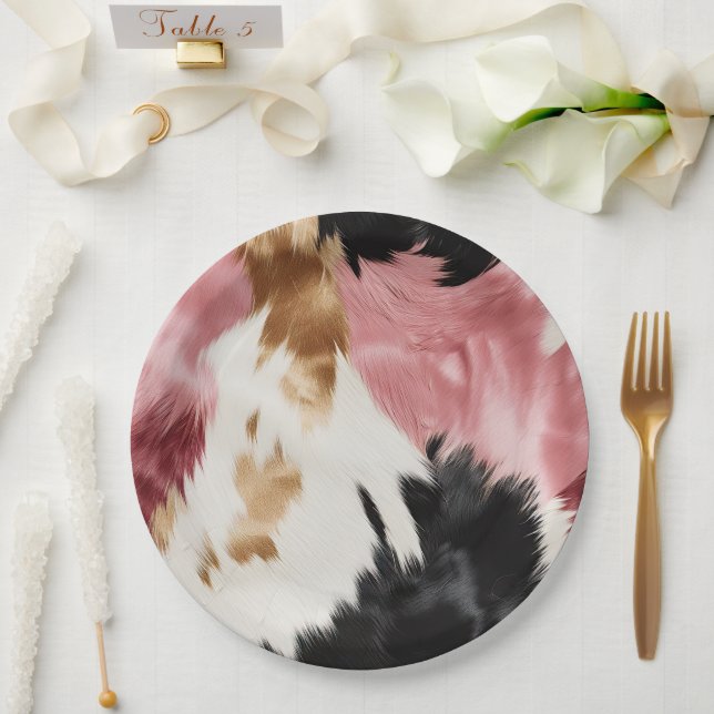 Assiettes En Carton Crème d'or rose noir vachette (Mariage)