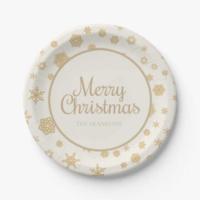 Assiettes En Carton Crème d'or Snowflakes Nom de famille Joyeux Noël (Devant)