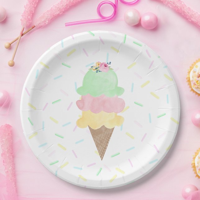 Assiettes En Carton Crème glacée à l'aquarelle (Watercolor Ice Cream Sprinkle Paper Plates for Bridal Shower, Birthday or Baby Shower Party)