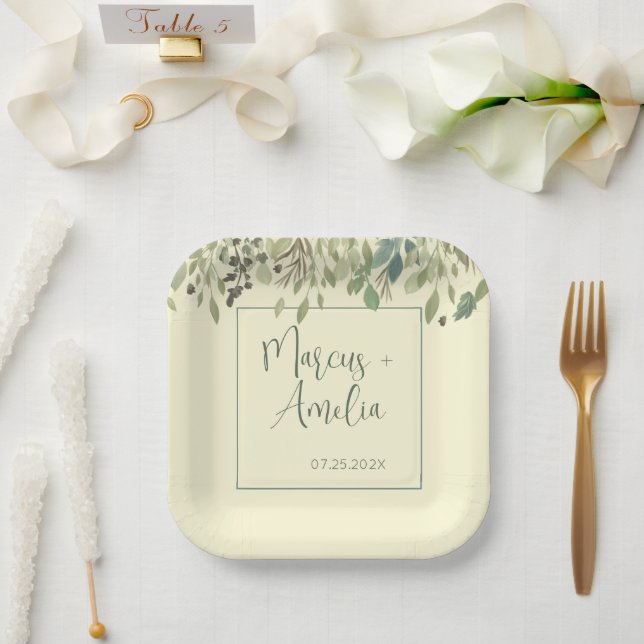 Assiettes En Carton Crème moderne et Mariage Eucalyptus (Mariage)