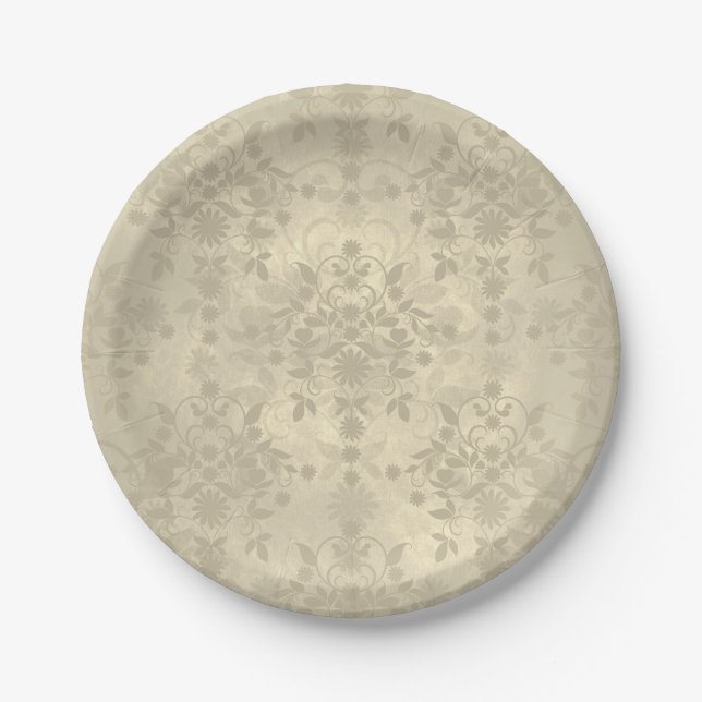 Assiettes En Carton Crème Neutre Tan Double Motif Damassé (Devant)