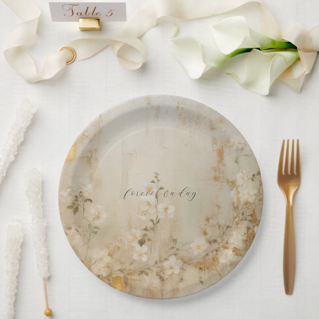 Assiettes En Carton Crème romantique Blanc or Mariage Floral (Mariage)
