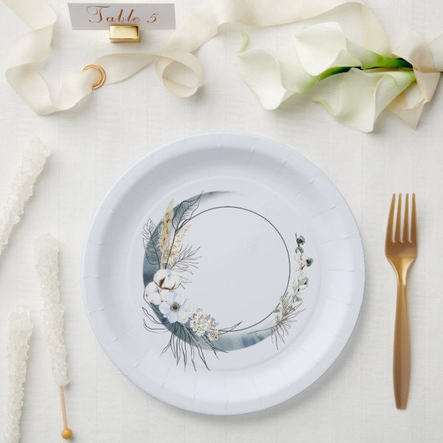Assiettes En Carton Crescent Bleu Lune aux fleurs blanches Anniversair (Mariage)