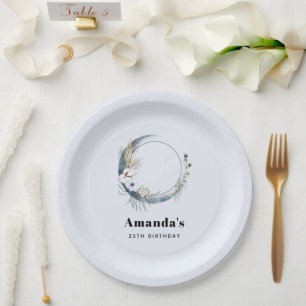 Assiettes En Carton Crescent Bleu Lune aux fleurs blanches Anniversair