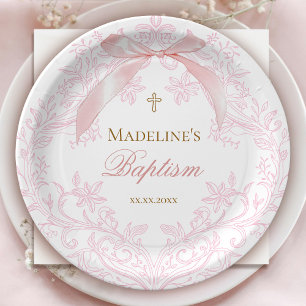 Assiettes En Carton crête rose aquarelle Baptême