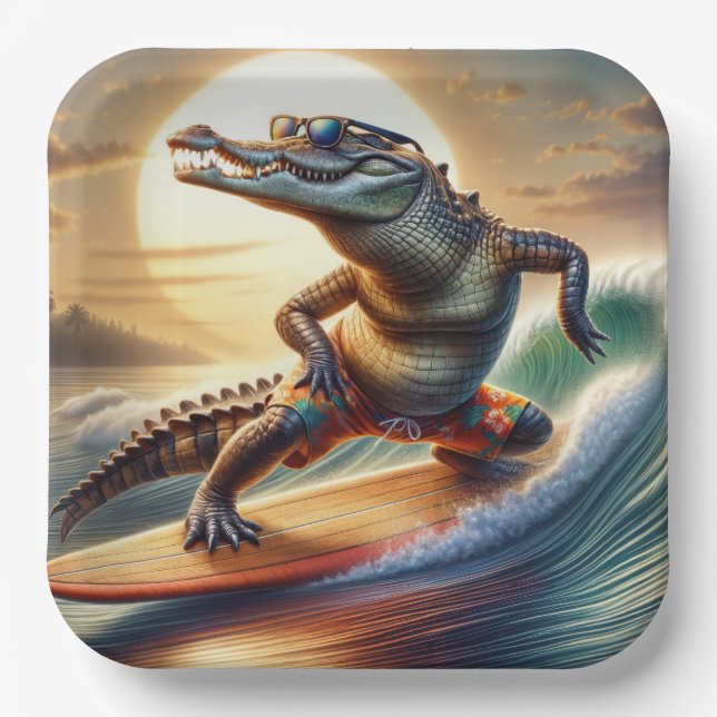 Assiettes En Carton Crocodile en surf (Recto)
