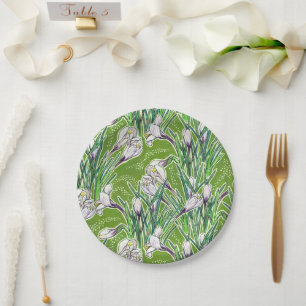 Assiettes En Carton Crocus blancs Fleur de printemps Motif Floral vert