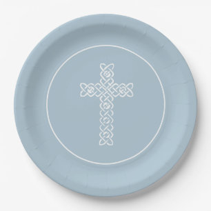 Assiettes En Carton Croix   Acier Baptême Communion Bleu Christening