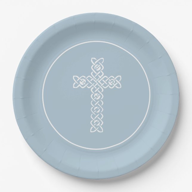Assiettes En Carton Croix | Acier Baptême Communion Bleu Christening (Devant)