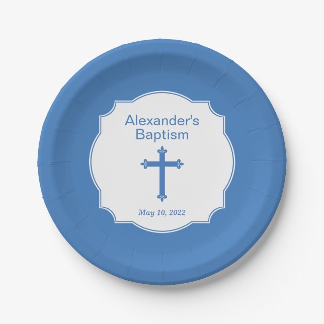 Assiettes En Carton Croix Bleue Garçons Baptême Christening (Devant)