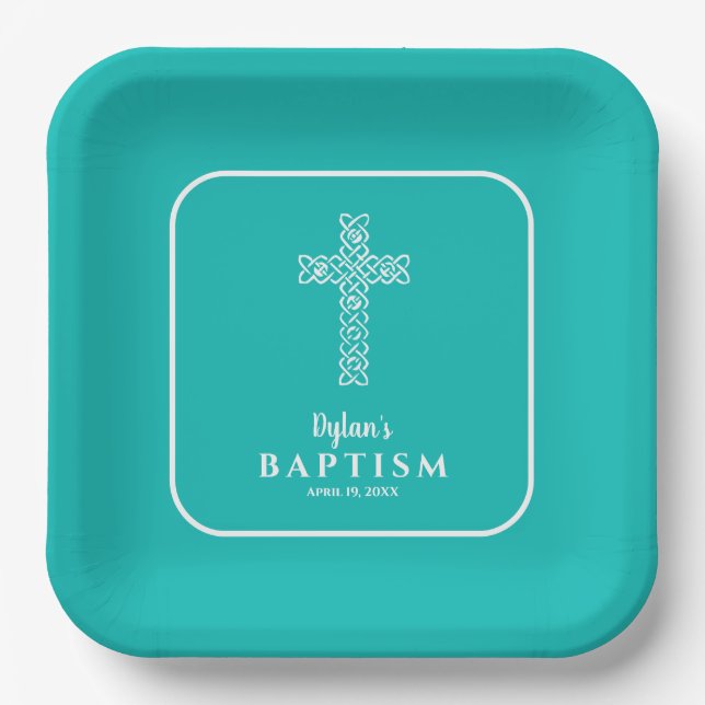 Assiettes En Carton Croix Bleue Turquoise Communion Baptême Christenin (Recto)