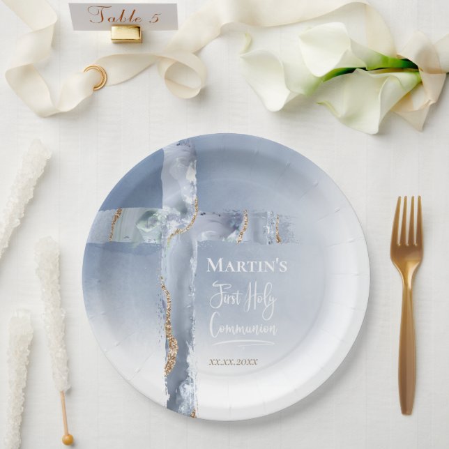 Assiettes En Carton croix d'agate bleu poussiéreux Première communion (Mariage)