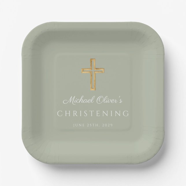 Assiettes En Carton Croix de bois verte Sage religieux Christening (Recto)