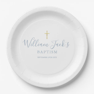 Assiettes En Carton Croix d'or Baptême Christening Dusty Blue