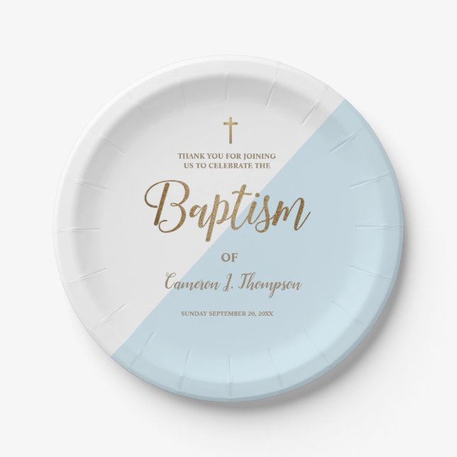 Assiettes En Carton Croix d'or bleu personnalisée Baptême de bébé (Devant)