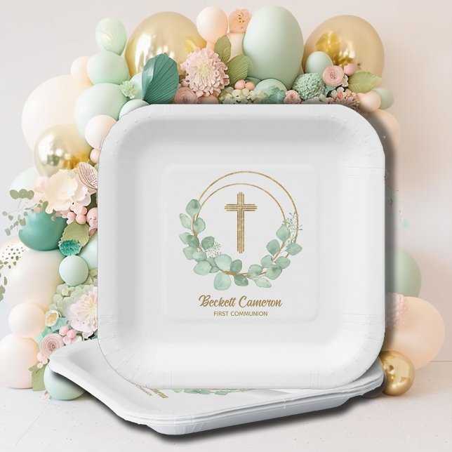 Assiettes En Carton Croix d'or de la première communion d'Eucalyptus (Créateur téléchargé)