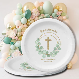Assiettes En Carton Croix d'or de la première communion d'Eucalyptus