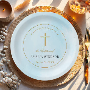 Assiettes En Carton Croix d'or simple élégant Baptême Christening