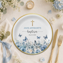 Croix dorée élégante Baptême floral bleu