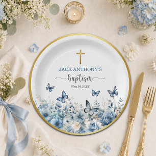 Assiettes En Carton Croix dorée élégante Baptême floral bleu