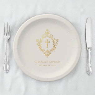 Assiettes En Carton Croix en faux or pour baptême avec motif en relief