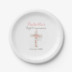 Assiettes En Carton Croix florale blanche nom fille première communion