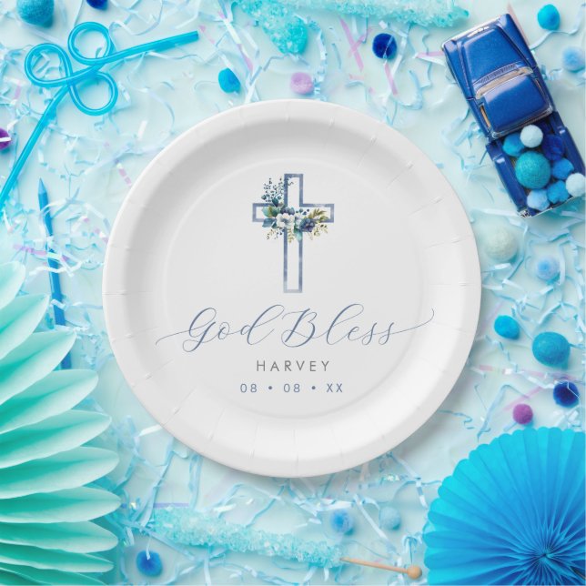 Assiettes En Carton Croix Florale Bleue Dieu Béni Baptême (Fête)