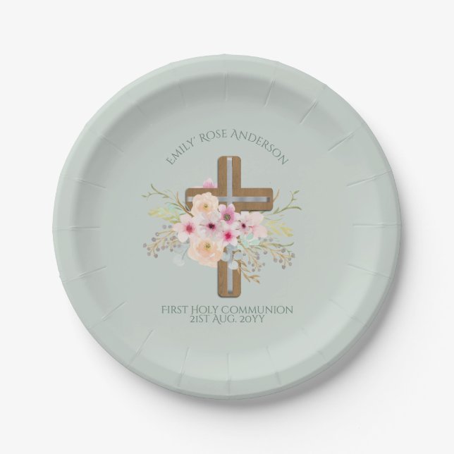 Assiettes En Carton Croix florale personnalisée de la Sainte Communion (Devant)