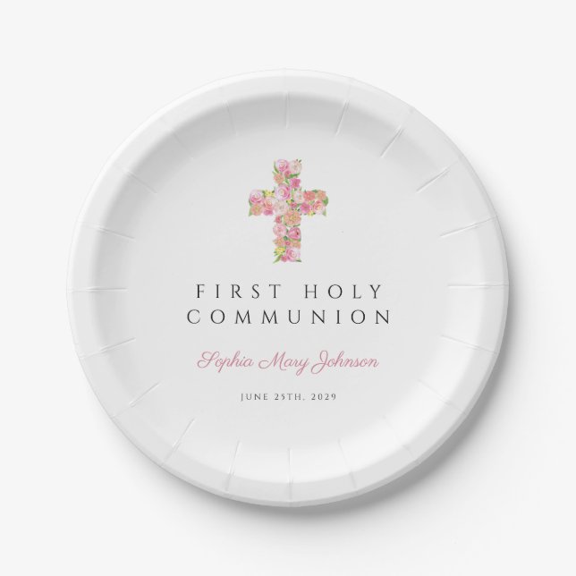 Assiettes En Carton Croix florale rose Fille religieuse Première commu (Devant)