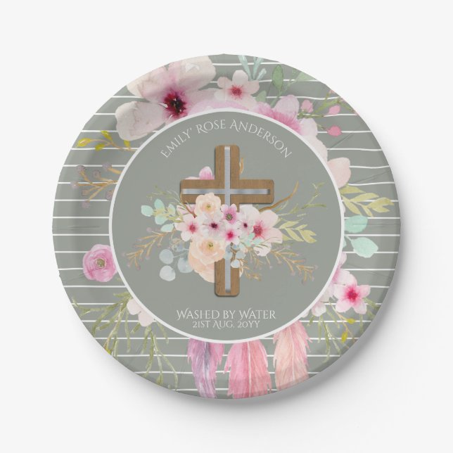 Assiettes En Carton Croix Florale rose Filles Baptême Fleur Jolie (Devant)