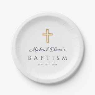 Assiettes En Carton Croix Religieuse Élégante Bleu Marine Baptême Garç