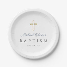 Assiettes En Carton Croix Religieuse Élégante Bleue Garçon Baptême