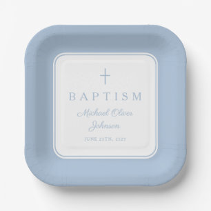 Assiettes En Carton Croix religieuse moderne bébé bleu garçon baptême