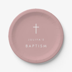 Assiettes En Carton Croix rose poussiéreuse bébé fille Baptême