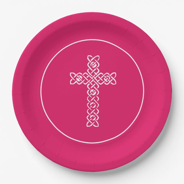 Assiettes En Carton Croix Ruby Pink Communion Baptême Christening (Devant)