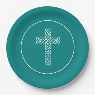 Assiettes En Carton Croix Turquoise Baptême Communion Bleue Christen