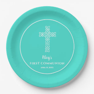 Assiettes En Carton Croix   Turquoise Communion Baptême Christen
